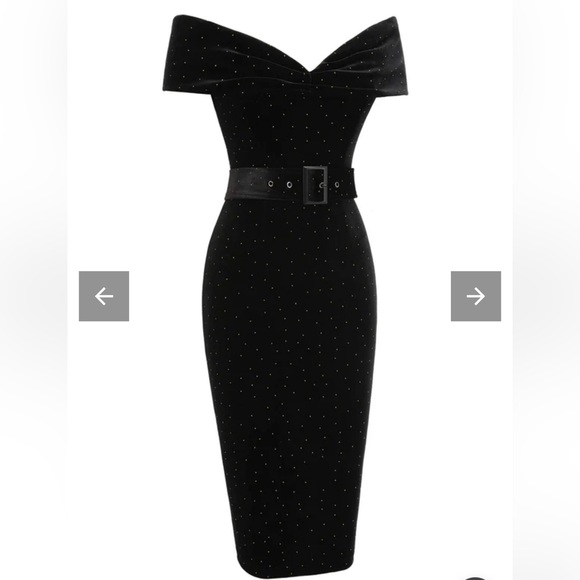 Black 1960s Off-Shoulder Rhinestones Velvet Dress Size XL 10/12 - Picture 1 of 8